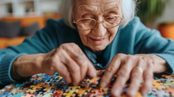 A happy senior showing off their puzzlesolving skills attributing their mental sharpness to their brain health supplements photo