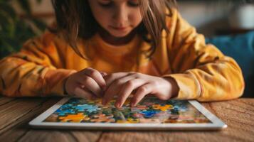 A person sitting at a table with a tablet in front of them engrossed in a virtual puzzle game photo
