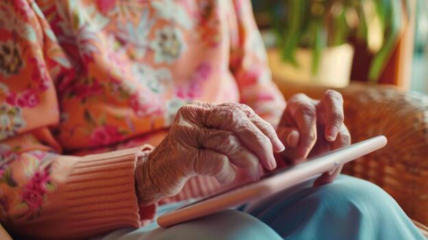 An elder person in a senior center using a tablet to play a memory game as part of a cognitive therapy program photo