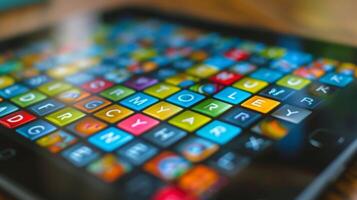 A closeup shot of a tablet screen showing a word scramble game designed to improve memory skills photo