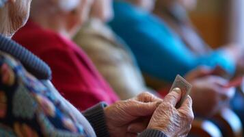 A group of seniors playing a memory game with cards at a community center photo