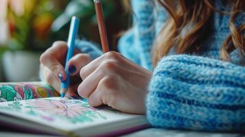 A person meditating while coloring in a mindfulness coloring book using it as a tool to enhance their mindfulness practice photo