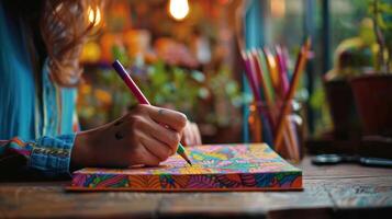 A timelapse of a person coloring in a mindfulness coloring book from start to finish with peaceful music in the background photo