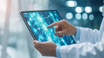 A doctor explaining how interactive touchscreens can be used to assess and monitor cognitive decline in patients with dementia photo