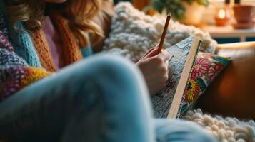 A person in a cozy and calm room curled up on a comfortable chair and coloring in a mindfulness coloring book photo