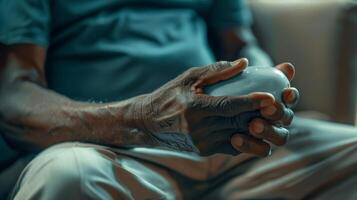 A man using a handheld massager to stimulate his hands and fingers which can help with circulation and dexterity photo