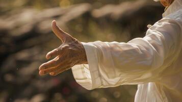 An elderly man practicing tai chi to improve balance and cognitive function photo