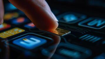 Closeup of a persons finger tapping a memory card on a touch screen device photo