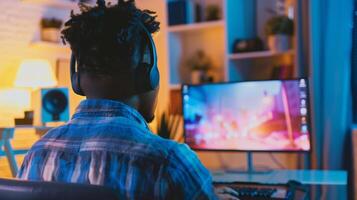 A man sitting in front of a computer joining a virtual family gathering while wearing a headset for better audio photo