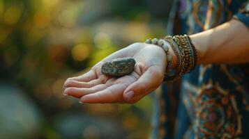 A hand placing a small object such as a stone or crystal on the chest while practicing mindful breathing photo
