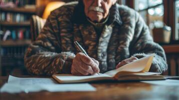 A photo of an elderly person sitting at a table with a pen in hand deep in thought as they write