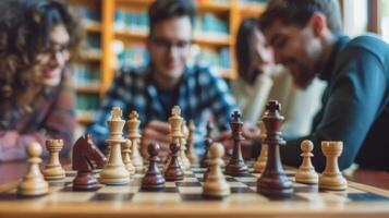 A group of friends enjoying a game of chess in a cozy and inviting library promoting cognitive stimulation and social interaction photo