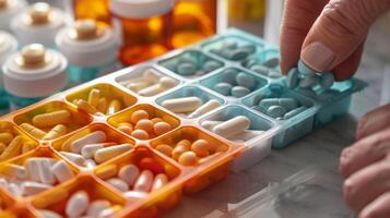 A pill organizer being filled with different types of medication emphasizing the need for organization and precision when managing medication intake photo