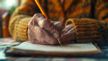 A person writing with their nondominant hand due to a stroke highlighting the challenges of motor skills in the elderly photo