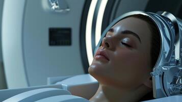 A closeup of a persons head inside the MRI machine with their eyes closed and a headrest for support photo