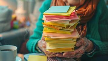 A stack of Postit notes with various brain teasers and memory exercises used by an elderly person to keep their mind sharp photo