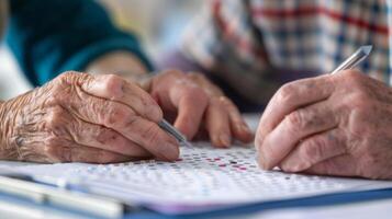 An elderly person counting objects or dots as part of a cognitive test while a healthcare professional tracks their progress photo
