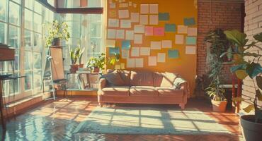 Multiple Postit notes with reminders to exercise and engage in cognitive activities tered around an elderly persons living room photo