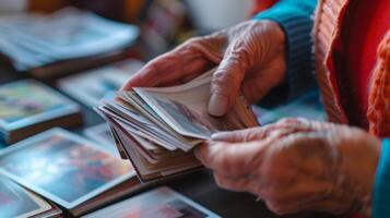 An elderly person sorting through a stack of cards with images and categorizing them during a cognitive test photo