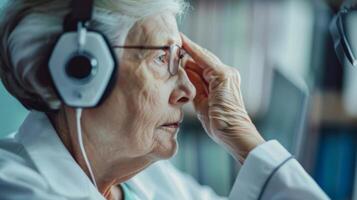 A healthcare professional adjusting a headset for an elderly person before they take a computerized cognitive test photo