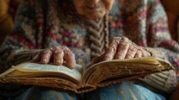 An elderly person reading aloud to themselves in an attempt to better understand what they are reading photo