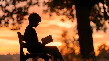 A simple silhouette of a person reading a book while sitting on a park bench at sunset emphasizing the importance of lifelong learning for brain health photo