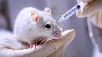 Closeup of a researcher injecting a mouse with a substance to study its effects on brain tumors in a preclinical research setting photo
