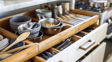 Labels on various drawers in a kitchen such as utensils and pots and pans to make cooking and cleaning more efficient photo