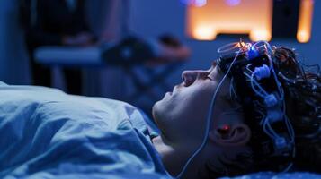 An EEG headset being worn by a participant in a sleep study with researchers monitoring brain activity in the background photo