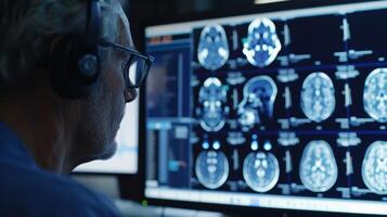 A computer screen displaying brain imaging data being analyzed by a team of neuroscientists in a clinical study on dementia photo