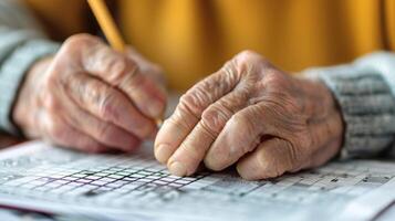 Photo of a person struggling to complete a simple crossword puzzle symbolizing the decline in problemsolving abilities