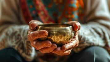 A closeup of an older adults hands cradling a singing bowl using it as a tool for mindfulness and meditation photo