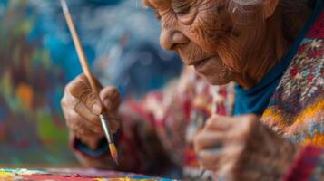 A senior citizen using art as a form of therapy with a peaceful expression on their face photo