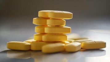 A stack of yellow pills touted for their ability to enhance memory and protect against agerelated cognitive decline photo
