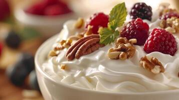 A bowl of Greek yogurt topped with nuts and fruit providing a balance of protein healthy fats and antioxidants for optimal brain function photo