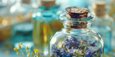 A jar filled with various essential oils showcasing the use of aromatherapy in promoting relaxation and reducing stress photo
