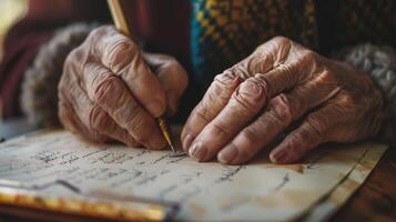 A closeup image of wrinkled hands writing key words and phrases on a blank piece of paper to create a mind map photo
