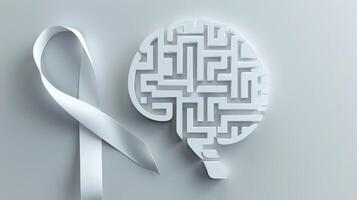 A white ribbon with a brainshaped maze and the phrase Navigating Brain Health to shed light on the journey of living with a brain disease photo