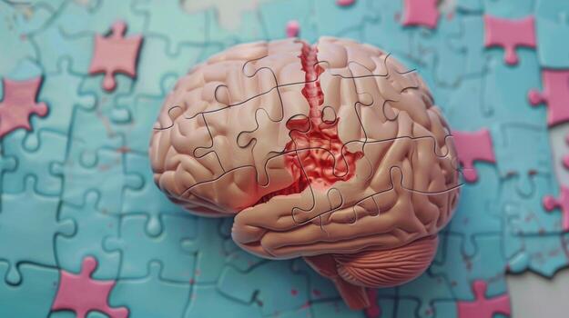 Graphic of a persons brain with a jigsaw puzzle piece missing representing the importance of seeking treatment for brain disorders and filling in the missing piece photo