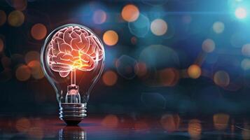 Illustration of a brain in a lightbulb symbolizing the power and potential of brain health awareness and education to create positive change photo
