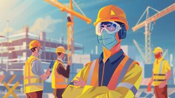 An informative poster outlining the safety protocols for the construction site with illustrations and bold text reminding workers to wear protective gear photo