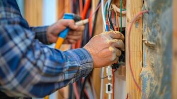 A closeup of a worker installing plumbing and electrical systems into a modular home highlighting the attention to detail in the construction process photo