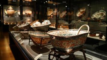 The display includes a selection of archaic wheelbarrows adorned with elaborate patterns and engravings hinting at their former status as symbols of prestige photo