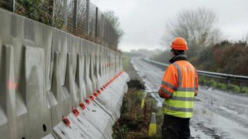 A finished noise barrier being inspected by a supervisor ensuring it is sy and secure for longterm use photo