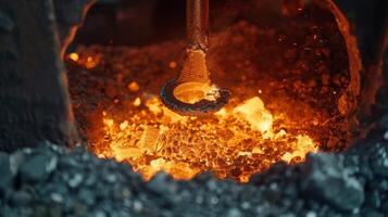 Closeup of s metal being melted down in a large furnace ready to be molded into new structures photo