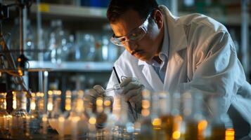 A scientist in a lab coat using precise measurements and calculations to create a new ecofriendly bonding agent made from recycled materials photo