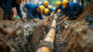 A team of workers carefully digging trenches for underground utilities that will provide essential services to the skyser such as water electricity and internet photo