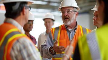 A construction engineer presenting a compromise solution to a group of stakeholders photo