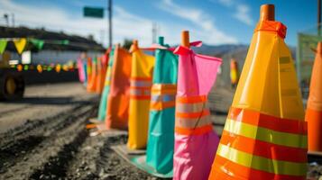 Brightly colored flags flutter in the breeze adding a festive and celebratory atmosphere to the construction zone photo