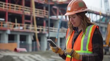 A female engineer is seen using a mobile construction app to track the delivery of materials to the job site ensuring timely and efficient use of resources photo